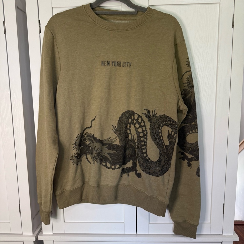 Blind Rooster NYC Dragon Graphic Sweatshirt Olive Green Size M Streetwear